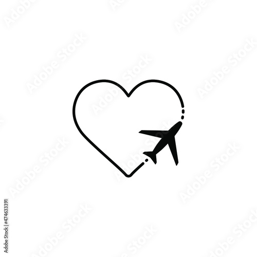 Airplane and heart vector image on white background. Traveling by plane. Love to travel graphic picture. Linear image of an airplane. Sketch for tattoo or print.