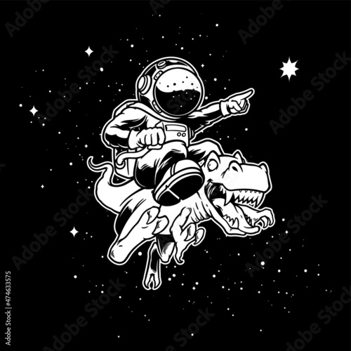 Hand drawn of astronaut riding dinosaurs on black space in monochrome color.