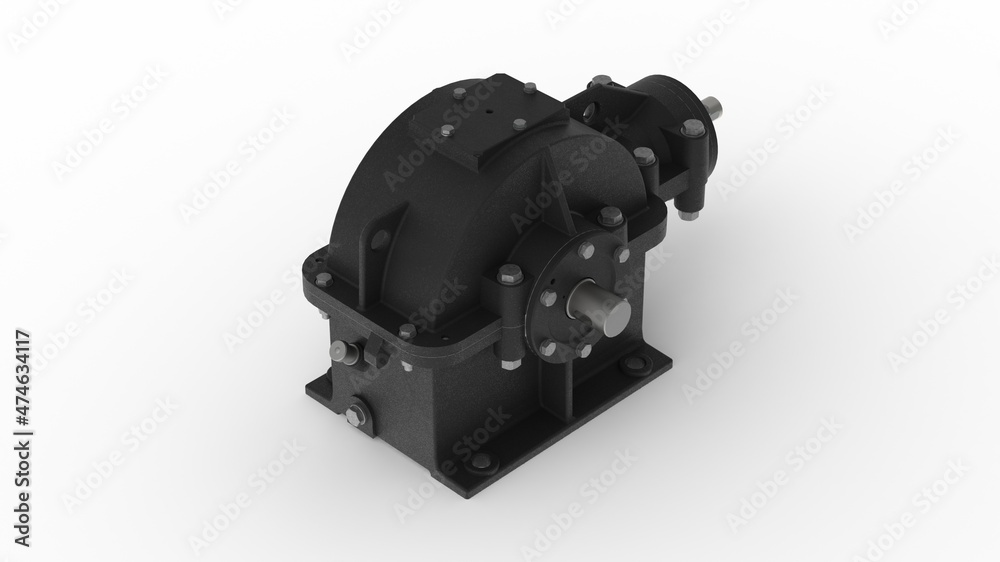 Naklejka premium Gearbox, stage reducer, isometric view, 3D rendering, white background