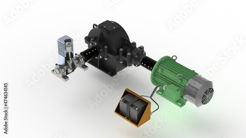 Simulation of the transformation of mechanical energy into electrical energy:One Piston, Gearbox-Stage reducer, Electric Generator, 3D rendering, white background