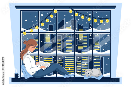 Woman reading book and sitting at the winter window, the cat is sleeping next to it. Cozy vector illustration of winter holidays