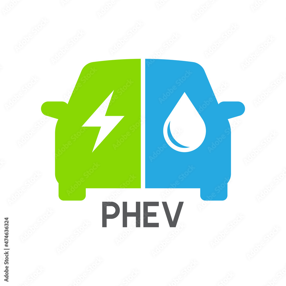 Plug-in hybrid electric vehicles icon (PHEV car), Half section part of Electric energy and fuel engine, Vector illustration - obrazy, fototapety, plakaty 