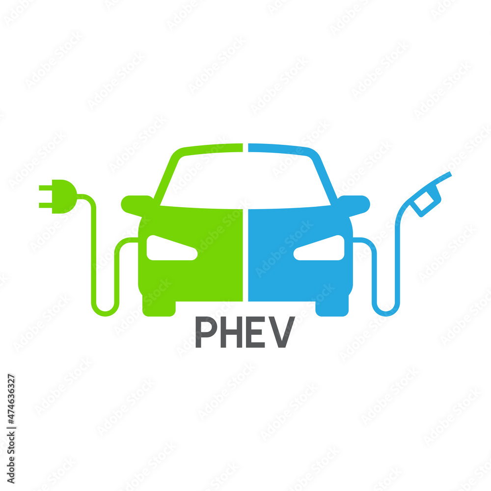 Plug-in hybrid electric vehicles icon (PHEV car), Half section part of Electric energy and fuel engine, Vector illustration - obrazy, fototapety, plakaty 