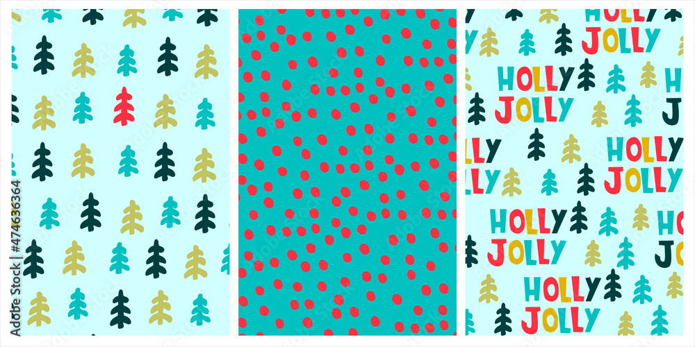 Set of seamless patterns for Christmas wrapping paper. Backgrounds with Christmas tree, Holly Jolly text, confetti