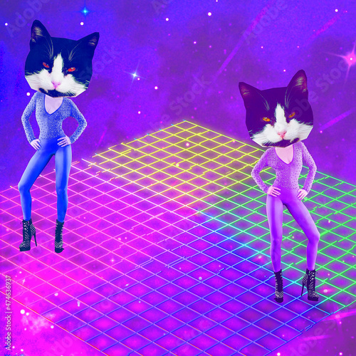 Disco Star Kitty in stylish cosmic space. Contemporary art collage. Party, music, nightlife clubbing concept photo