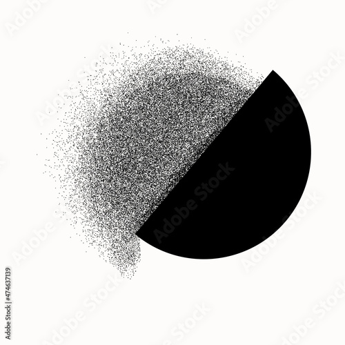 Abstract graphic icon with circle and falling particles.