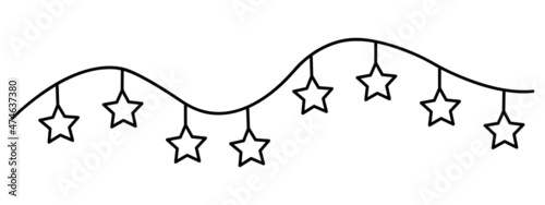 Christmas tree garland. Sketch. Decorative ornament made of stars. Vector illustration. Outline on an isolated background. Doodle style. Coloring book for children. Christmas decoration. 