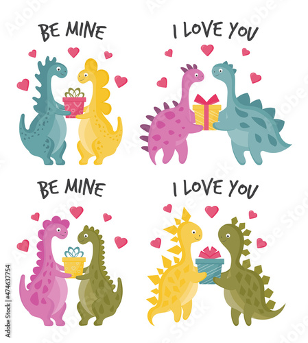 Collection of Cute dinosaurs in love. Couples of dinosaurs for Valentine s card. Romantic lovely dino boy and girl with gifts. Childish design for greeting card s  posters  mugs  clothes.