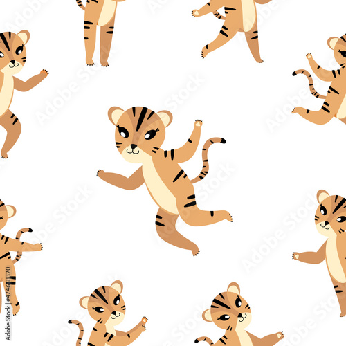 Vector endless seamless pattern with cute tigers on white background.Animalistic Fashionable fabric design.Cute tigers lay,cartoon vector seamless pattern .Print for textile,fabric,wallpaper, paper