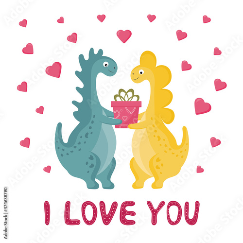 Cute couple of dinosaurs in love. Sweet romantic dino boy and girl with gifts. Cartoon design for greeting card s  posters  mugs  clothes. Happy valentine s day card.