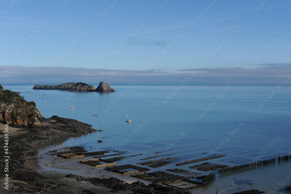 Oyster farm during low tide with blue sky and sea in Cancale, Normandy, France