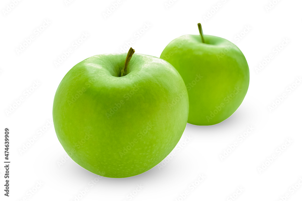 Two green apples isolated on a white background.