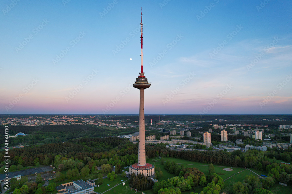 Naklejka premium Aerial sunny evening sunset view of Vilnius TV Tower