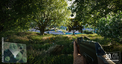 First person shooter war game screenshot concept - man running with AK-47 rifle through the lush forest - 3d illustration photo