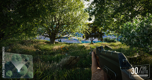 Valokuva First person shooter war game screenshot concept - man running with AK-47 rifle