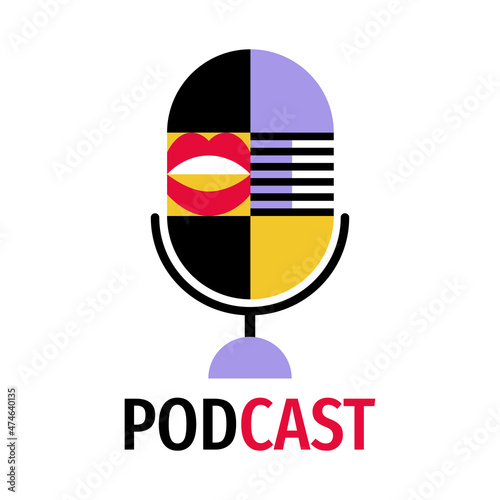 Podcast cover modern geometric icon. Bauhaus stylized sound recording equipment vector illustration isolated on white. 