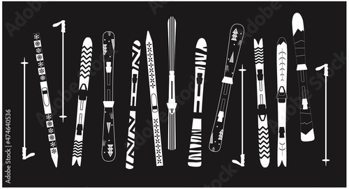 Ski set with pattern. different Ski design. type of ski. Black and white poster minimalistic. Winter sport.