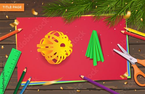 New Year's master class made of paper. Origami with a garland of a ball and a Christmas tree for home decoration. Crafts with children's hands. DIY concept. Vector step-by-step instructions. 
