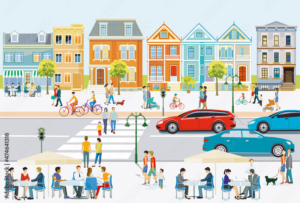 Leben in der Stadt, mit Straßenverkehr, Fußgänger und Familien in der Freizeit, Illustration