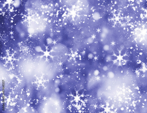 Very peri color of the year 2022. abstract winter background. Snowflakes and snow with bokeh effect.