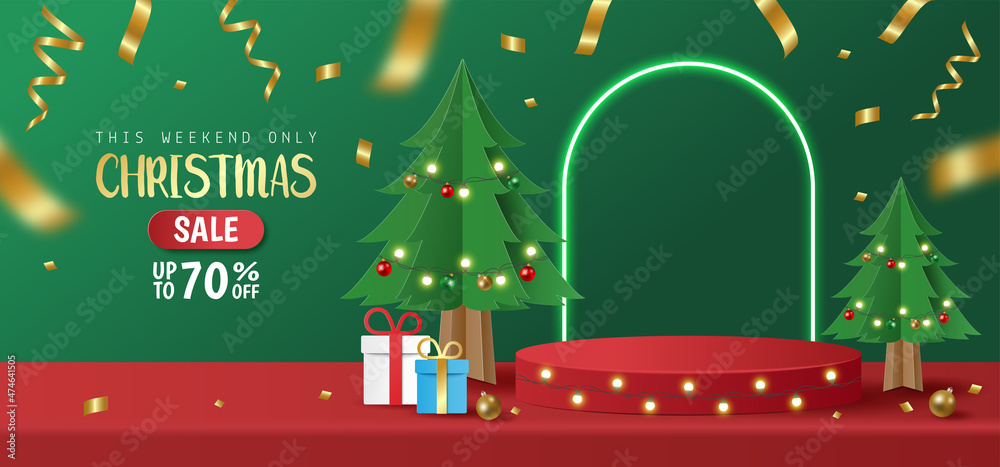 Paper cut of Christmas sale banner, red cylinder podium and fairy Light for products display presentation with Christmas tree on green background, Merry Christmas and happy new year