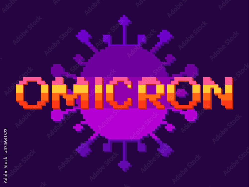 Omicron pixel text on virus cell background in 80s and 90s video game 8-bit style. Design for banners, promotional items and prints. Vector illustration