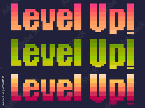 Level up! pixel art. Achievement in the game, leveling up. Text in 8-bit retro video game style from 80s - 90s. Design for printing, wrapping paper and advertising. Vector illustration