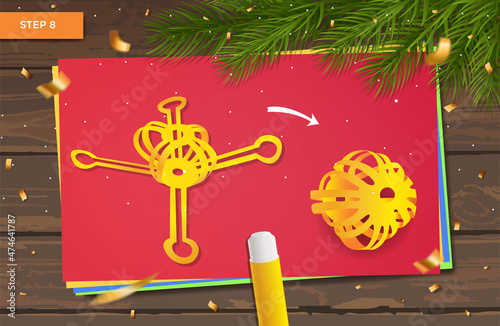New Year's master class made of paper. Origami with ball garland and Christmas tree for home decoration. Crafts with children's hands. DIY concept. Vector step-by-step instructions. Step 8