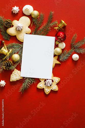 Christmas greeting vertical card mock-up for festive invitation or xmas wish. Happy new year or merry christmas composition layout.. Christmas background.