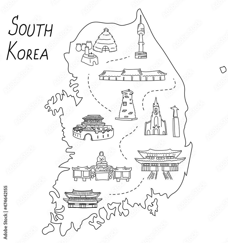 South Korea outline doodle illustrated map. The most famous Korean ...