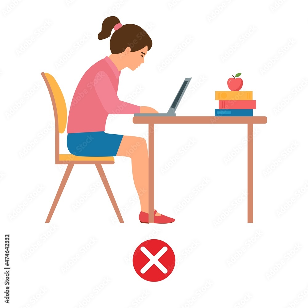 Incorrect posture kid. Girl sitting at laptop. Ergonomic sit   chair computer bad  body position.Healthy back. Vector 