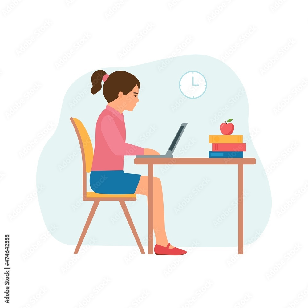 Pupil study  with laptop. Girl  sitting at laptop and learning school lesson. Right Posture. Kid using gadget during lesson at primary school. Vector illustration
