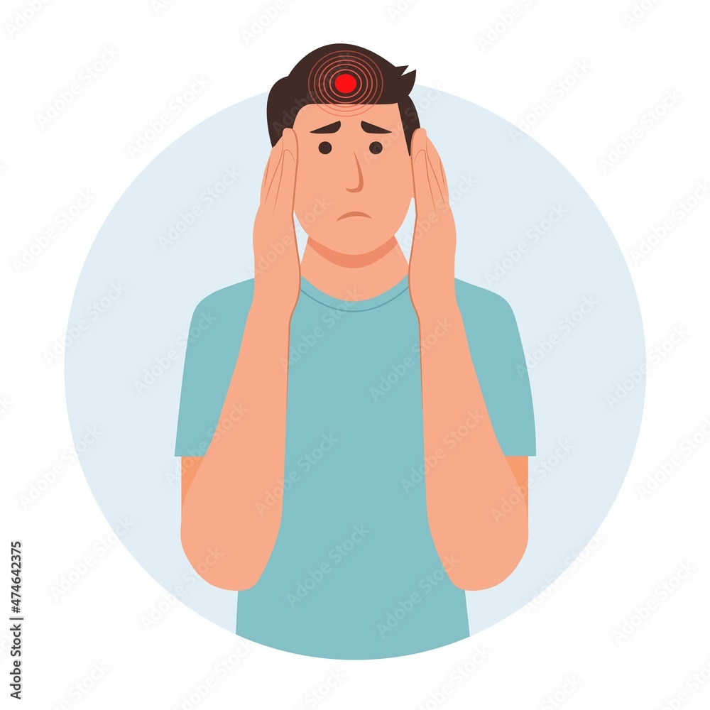 The man having headache and migraines. Symptoms of a viral disease.Respiratory Illness, Virus Prevention.Isolated. Vector illustration in flat cartoon style. Health and medicine. The man having headache and migraines. Symptoms of a viral disease.Respiratory Illness, Virus Prevention.Isolated. Vector illustration in flat cartoon style. Health and medicine.