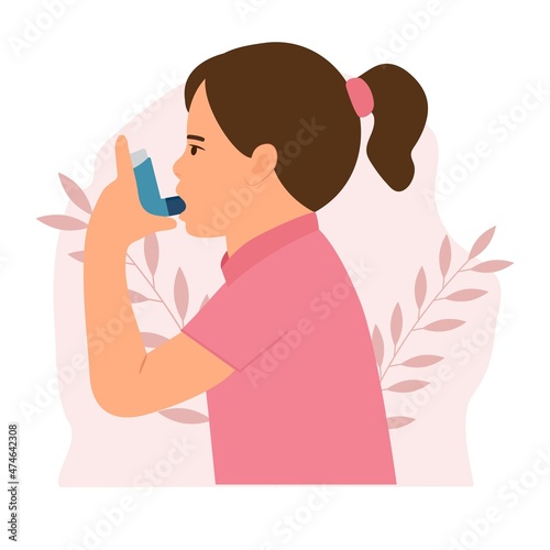 Cute kid uses an asthma inhaler against attack. World asthma day. Allergy,Bronchial asthma. Vector  illustration