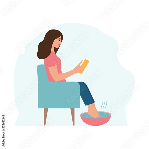 Woman using foot bath. Spa treatment.Female soaking feet in bowl filled with warm water. Vector illystration