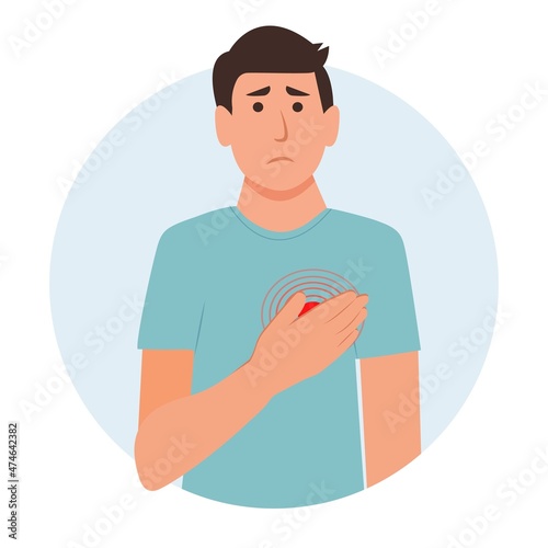 Man with chest pain. Concept of heart pain, discomfort .Isolated. Vector illustration in flat cartoon style. Health and medicine.