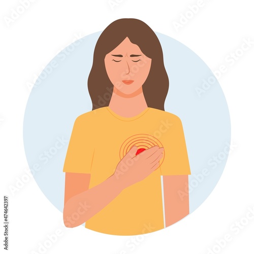 Woman with chest pain. Concept of heart pain, discomfort .Isolated. Vector illustration in flat cartoon style. Health and medicine.