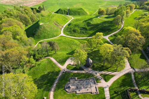 Aerial spring evening view in sunny Kernave Archaeological Site photo