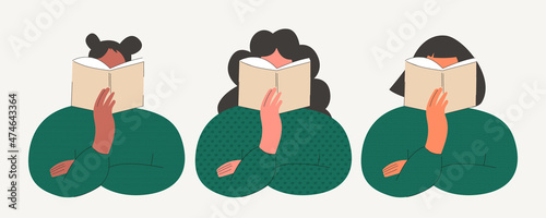 Set of kids reading books or learn textbooks flat vector cartoon illustration isolated on background. Schoolchildren pupil and students study and education. Back to school. Cute girl with open book
