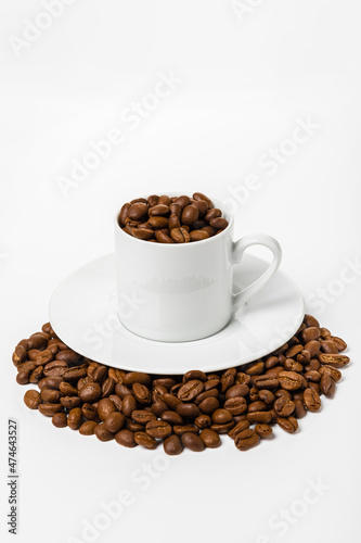 set Perfect small white coffee cup with beautiful ones. roasted coffee beans on white background