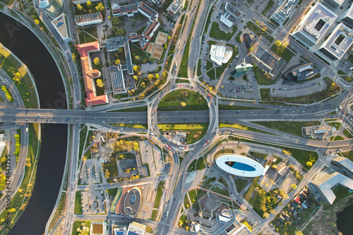 Aerial spring evening view of sunny Vilnius city panorama