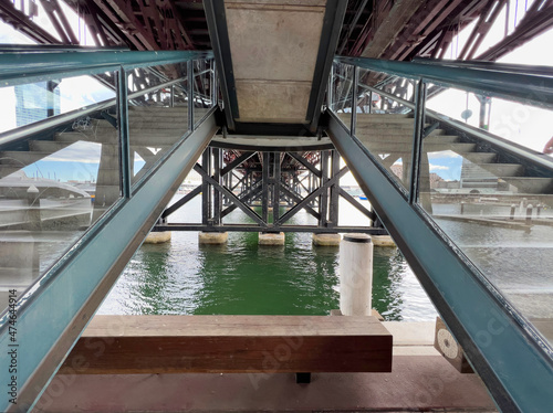 Underneath metal structure of Pyrmont Bridge, Sydney, New South Wales photo