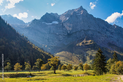 Hiking at Ahornboden from Eng to falcon hut, Karwendel mountains, Tyrol, Austria