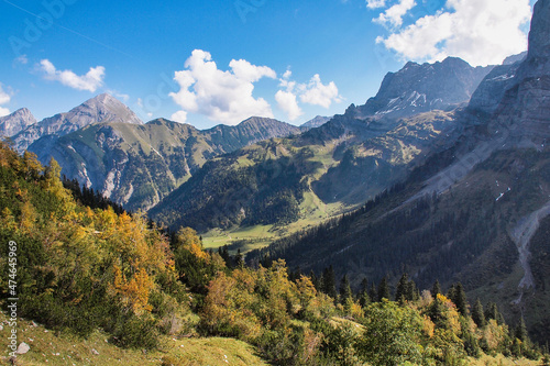 Hiking at Ahornboden from Eng to falcon hut, Karwendel mountains, Tyrol, Austria