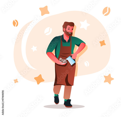 Barista makes coffee flat character concept for web design. Man holding cup with beverage and working in coffee shop  modern people scene. Vector illustration for social media promotional materials.