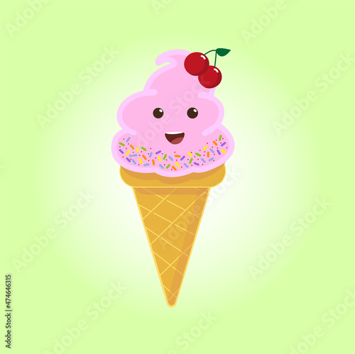 happy soft pink ice cream with cherries and powder in a waffle cone