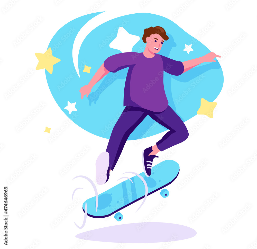 Skateboarder flat character concept for web design. Happy man skater riding skateboard, urban extreme sport activity, modern people scene. Vector illustration for social media promotional materials.