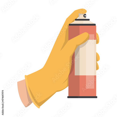 Hand in glove holding aerosol container vector isolated. Air freshener, deodorant or disinfectant.