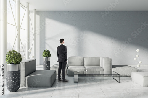 Tela Businessman standing in modern living room or business hall interior with sunlight, window with panoramic city view, furniture and mock up place on concrete wall