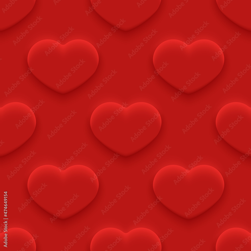 Seamless background with neumorphic style heart. Valentines day minimalist greeting card. Holiday illustration of red heart